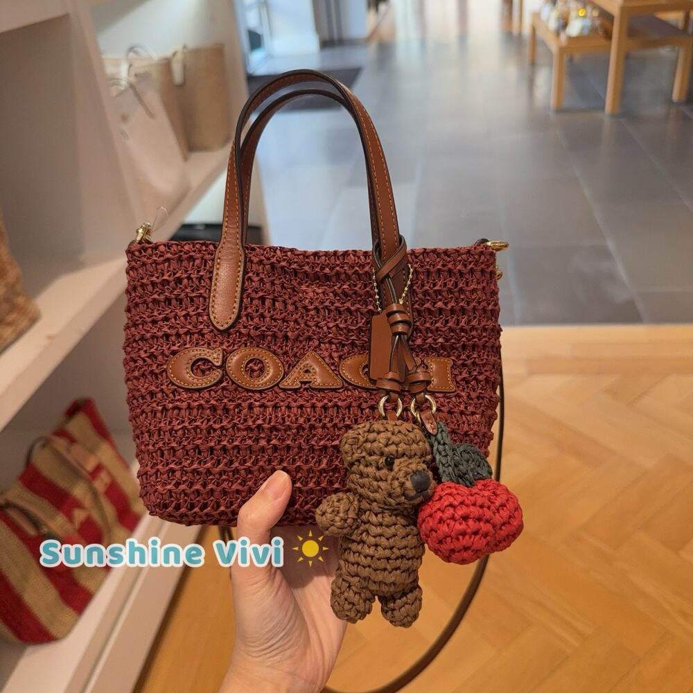 NWT Coach City Mini Tote Bag With Charms in straw & Leather Gold/Russet CEU30